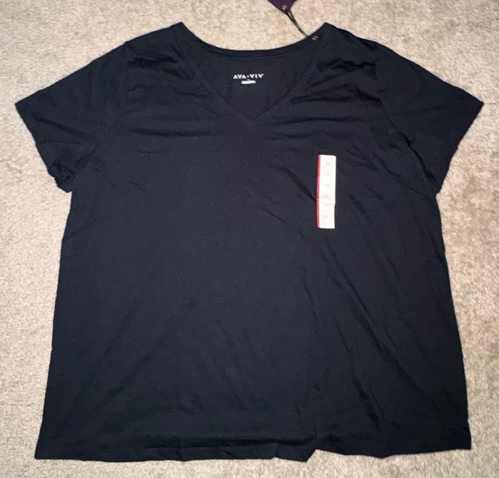Ava & Viv Womens V-Neck Short Sleeve T-Shirt Black Cotton Blend Casual Size 1X